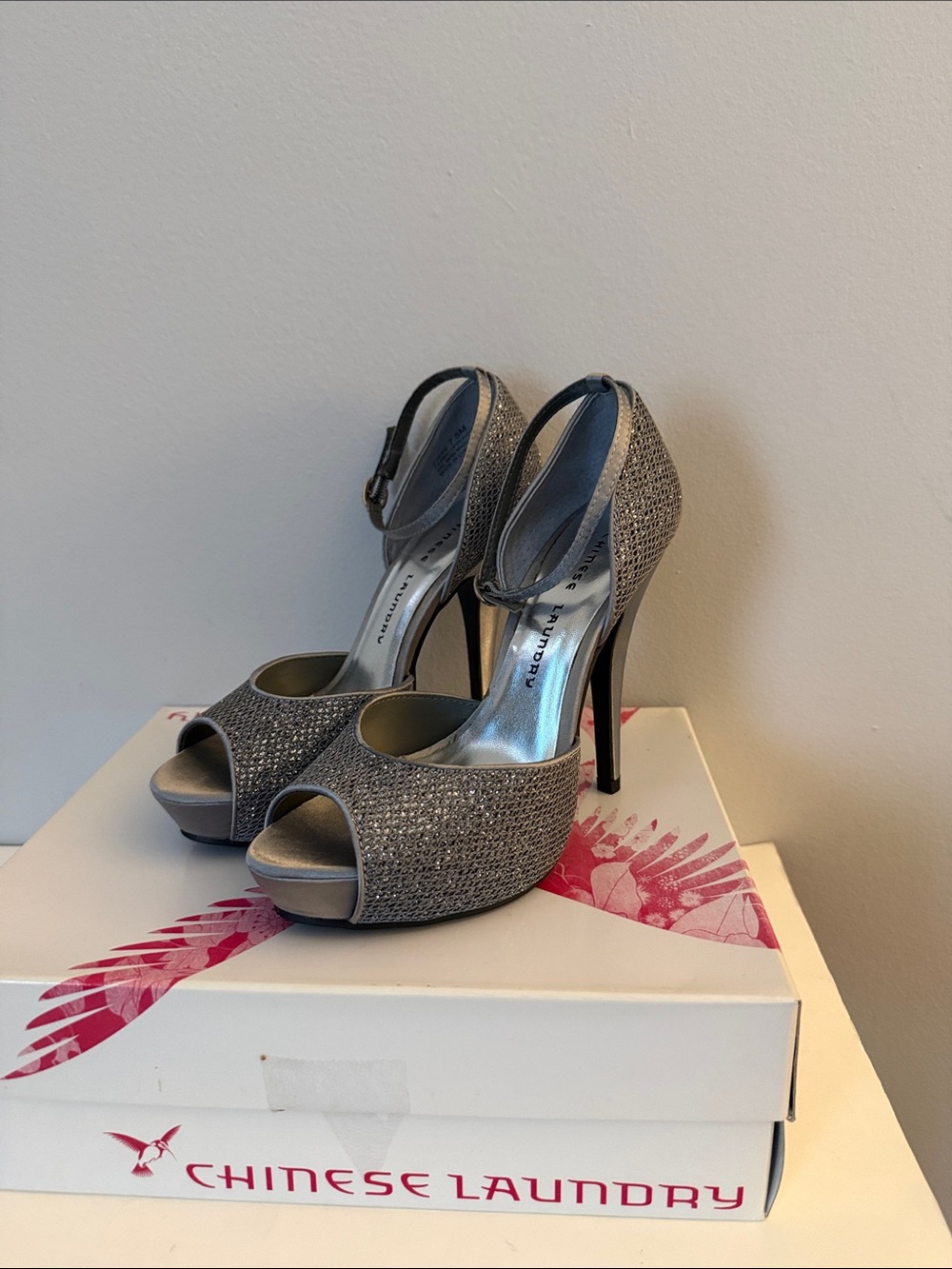 Chinese Laundry Silver Glitter Open-Toe Ankle-Strap Platform Heels